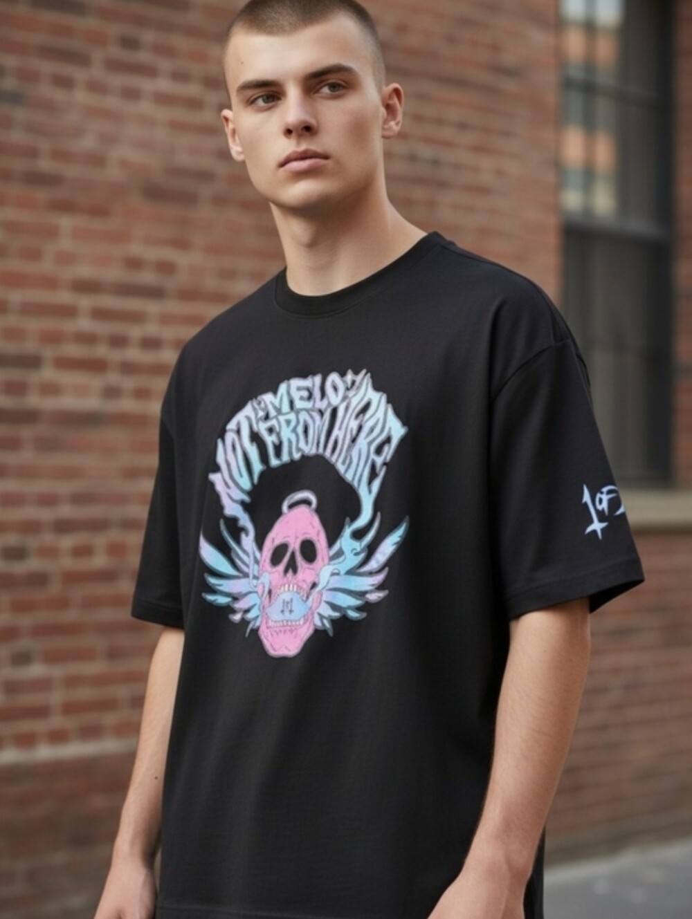 Puma Melo Reflections Black Graphic Tee with Pink/Blue Skull, NWT